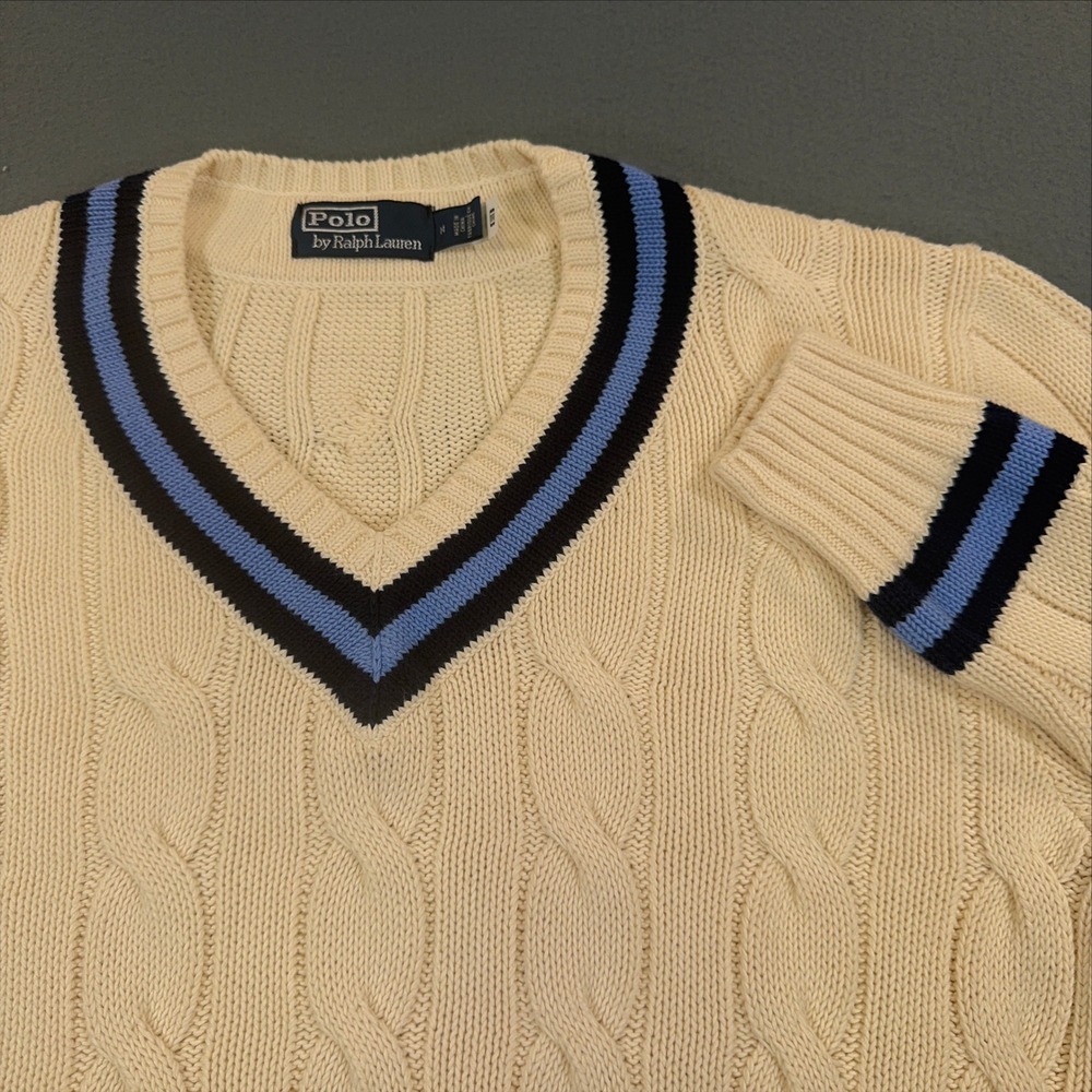 Polo Ralph Lauren Cricket Sweater Mens Medium Cream Cable Knit V-Neck Cotton
